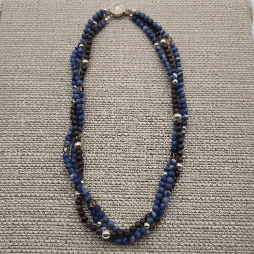16 Inches Sterling Silver Sodalite Multiple Stone Strands Necklace B539